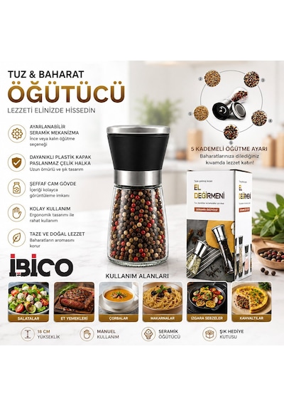 İbico İ22-410 Hand Grinder Tuz Ve Baharat Öğütücü - Küçük Boy Cam Hazneli Krom Belli