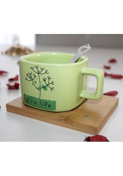 Hayat Ağacı Desenli Mıknatıslı Bambu Stantlı Gerçek Seramik Kahve Kupası Fincan Seti Kupa Mug 200 Ml 001