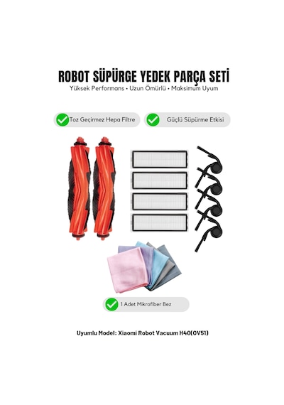 Robot Vacuum H40 Ov51 İle Uyumlu 2 Ana Fırça 4 Yan Fırça 4 Filtre 1 Temizlik Bezi 12.0