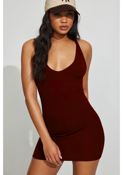 Seeh Bordo Halter Yaka Sırt Detaylı Mini Elbise Sh363 Düz