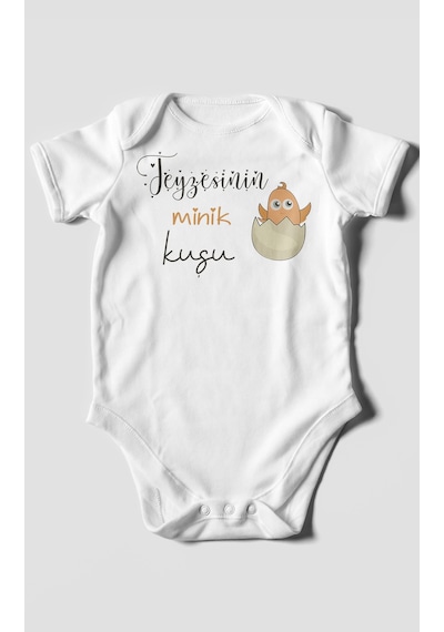 Teyzesinin Minik Kuşu Baskılı Bebek Zıbını Çıtçıtlı Body %100 Pamuk Kısa Kol Beyaz
