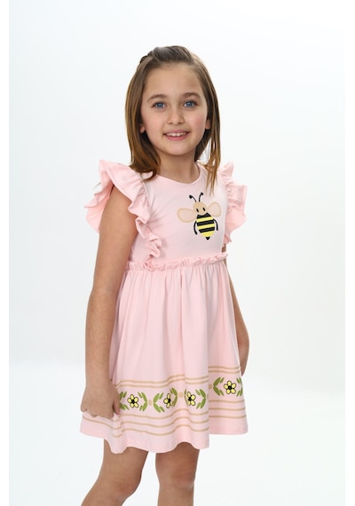 Toontoy Kids Toontoy Kız Çocuk Arı Baskılı Elbise Pudra