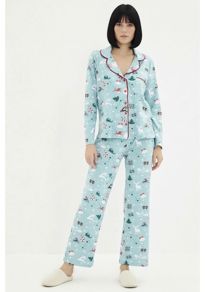 Benerly Kadın Gömlek Yaka Uzun Kol Fitted Kışlık Örme Pijama Takımı Fonks Turkuaz