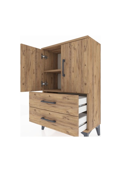 Arges Komodin 2 Raflı 2 Çekmeceli 2 Kapaklı 60x30x96 Çam-çam Çam