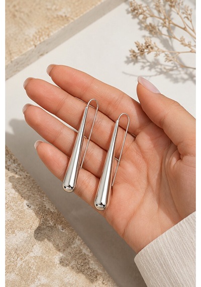 Kadın Gümüş Renk Minimal Damla Küpe Uzun İnce Tasarım 5.5 Cm Mode
