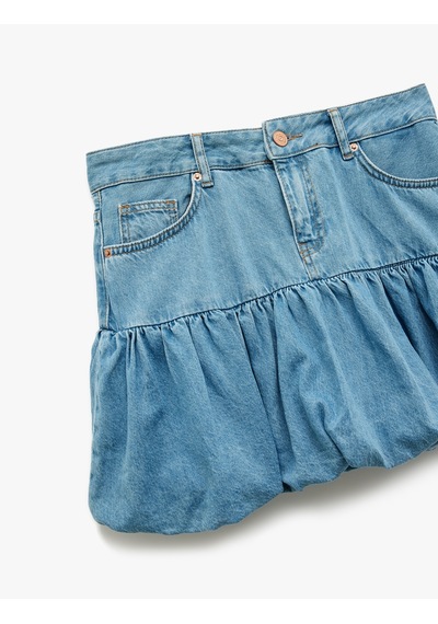 Koton Cep Detaylı Düğmeli Mini Denim Balon Etek Açık İndigo 5sal70010md