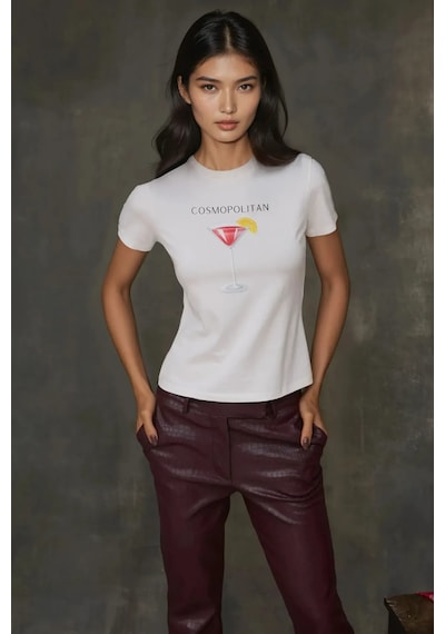 Hiccup Kadın Bisiklet Yaka Kısa Kollu Önü Baskılı Pamuklu T-shirt Pembe