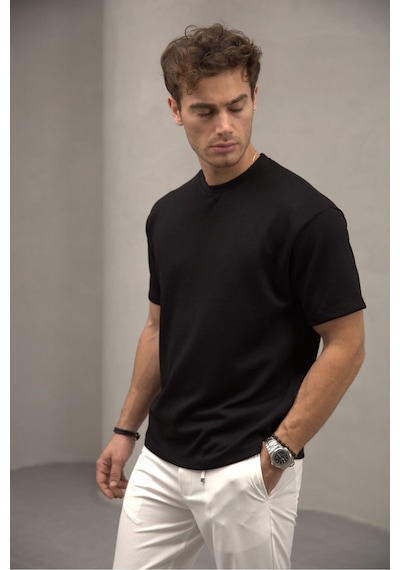 Bürke Siyah Renk Standart Kalıp Basic Bisiklet Yaka T-shirt