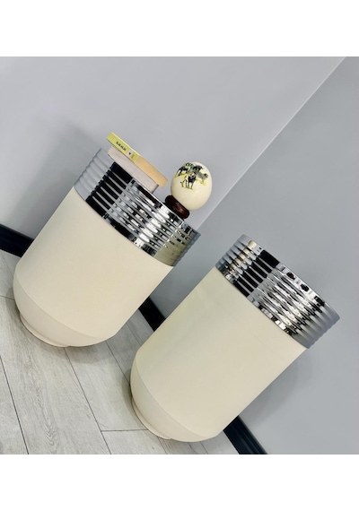 Elegant Dekoratif Krom Darbuka Krem Saksı 70cm + Sehpa 60cm İkili Set Elgntbyzsetkrm