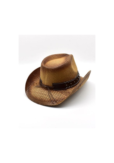 Deri Şeritli Boğa Figürlü Hasır Şapka Premium Classic Western Festival Beach Rave Hat - Standart Koyu Kahverengi