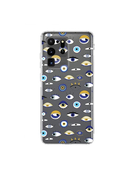 Samsung Galaxy S20 Ultra İle Uyumlu Nazar Boncuğu 2 Kamera Korumalı Şeffaf Silikon Kılıf Şeffaf