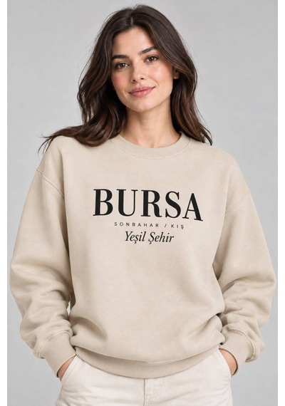Gıovera Bursa Şehir Yazılı Bisiklet Yaka Kadın Sweatshirt Bej