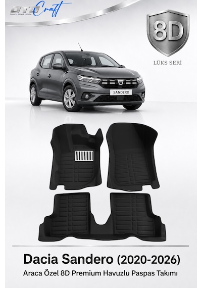 Otocraft Dacia Sandero 2020-2026 Araca Özel 8d Havuzlu Oto Paspas Takımı Siyah Tam Set 3 Parça