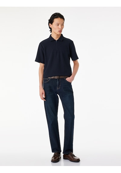Koton Regular Fit Kısa Kollu Waffle Dokulu Yarım Fermuarlı Polo Yaka Tişört Lacivert 6sam10289mk