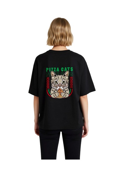 Paybuy Kadın Oversize Kedi Pizza Baskılı Kısa Kollu Rahat Kesim Grafik T Siyah