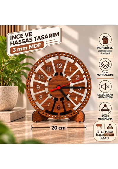Ezolife Dekoratif Ahşap Three Wood Effects Masa Saati Ayaklı Masaüstü Saat Sessiz Mekanizma Kahverengi