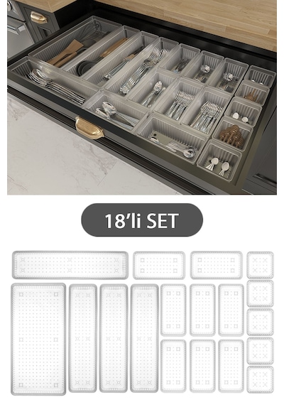 18'li Modüler Set Kaşıklık Çekmece Içi Düzenleyici Çatal Kaşık Bıçak Düzenleme Organizeri Şeffaf