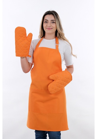 Simple 3lü Set Ayar Askılı Cepli Mutfak Önlüğü Seti 2 Eldiven Şef Garson Kafe Aşçı Barista Turuncu