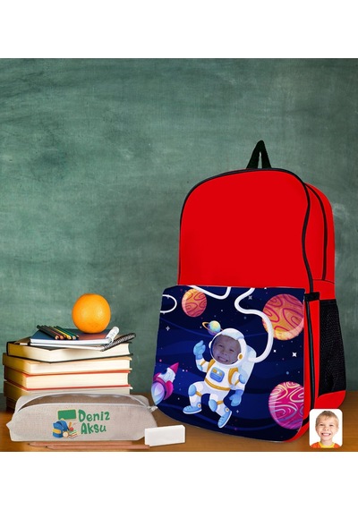 Bk Gift Kişiye Özel Astronot Tasarımlı Kırmızı Okul Çantası Ve Kalemlik Hediye Seti-1