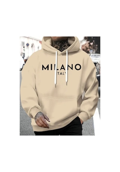 Herkesemoda Milano Yazı Detaylı İçi Polarlı Kapüşonlu Sweatshirt Bej