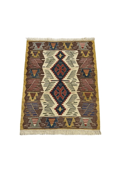 El Dokuma Uşak Kilimi 94x123 Krem Kahve Kök Boya %100 Yün Kilim