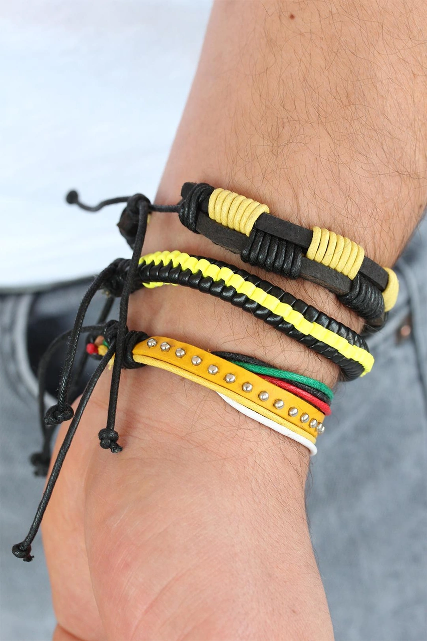 Sarı Renk Zımbalı Deri Erkek Bileklik Kombini Çelik
