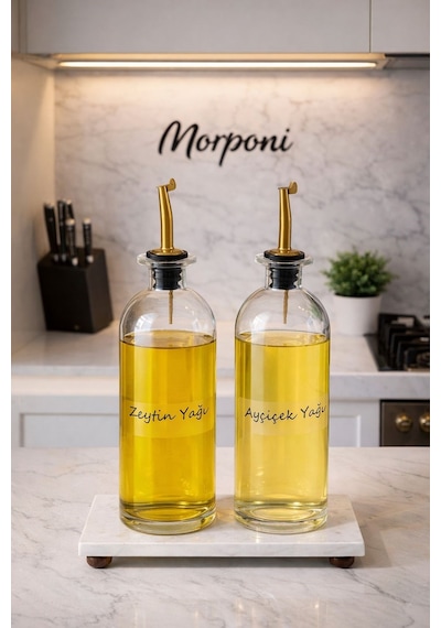 Qerhome Mermer Stantlı Akıtmaz Gold Başlıklı 2'li Yağdanlık Seti 500 Ml Thn Beyaz