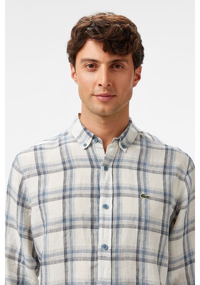 Lacoste Men's Regular Fit Dark Blue Linen Shirt Ekose Keten Erkek Gömlek Koyu Mavi