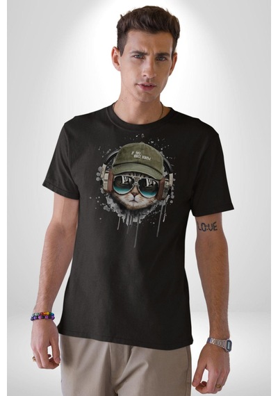 Havalı Pilot Şapkalı Müzik Dinleyen Kedi Unisex Unisex Siyah Organik Baskılı T-shirt Penye Yüksek Kalite Siyah