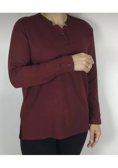 Yakası Taşlı Ve Düğmeli Spor Anne Bluz Fuşya