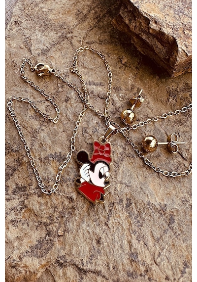 Mini Şık Kıyafetiyle Sizlerle Tatlı Mouse Paslanmaz Çelik Gold Renk Kolye Küpe Seti Altın
