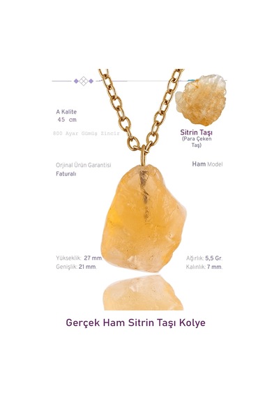 Erilsa Sertifikalı Ham İşlenmemiş Sitrin Taşı Kolye - 24k Altın Kaplama Çok Renkli