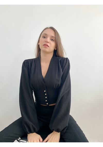 Mois Atelier Siyah Crop Top Bluz Gömlek, Tasarım, Hediye, Büyük Beden Siyah