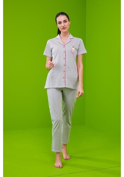 Pjs 23151 Kadın Çizgili Düğmeli Pijama Takım