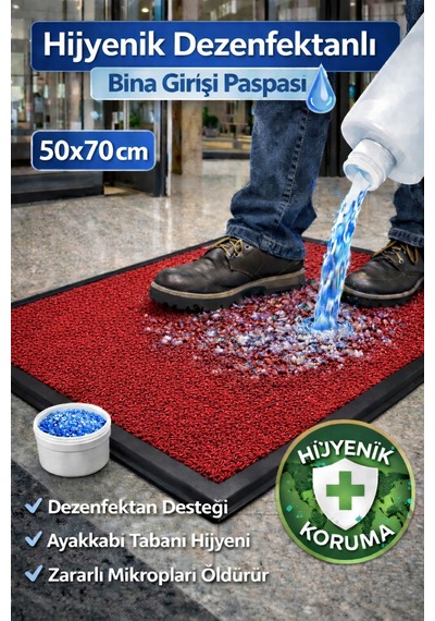 Myfloor Renkli Dezenfektan 50x70 Cm Kıvırcık Paspaslı Hijyenik Kauçuk Paspas Kırmızı