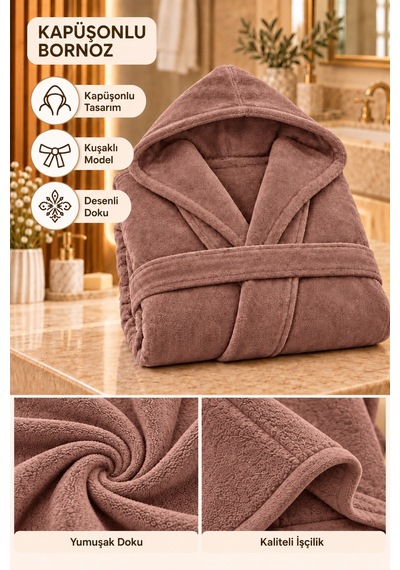 Kapüşonlu Unisex Rashell Bornoz Cepli Yumuşak Dokulu Vizon Kahverengi