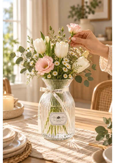Porsima 04288 Dikey Çizgili Cam Vazo 1400 Ml Kurdele Detaylı Şeffaf Vazosu 19.5 Cm