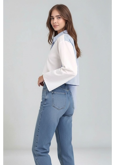 Mamayaga Kadın Özel Tasarım Asimetrik Kesim Düğmeli Çizgi Garnili Crop Boy Gömlek Mavi