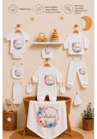 Pia Baby Kız Bebek Hastane Çıkışı 10 Parça %100 Pamuk Kişiye Özel İsimli Organik Baskılı Set 103610yx Ekru
