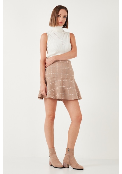 Lela Kareli Volanlı Mini Kışlık Bayan Etek 611Et00176W4 Camel
