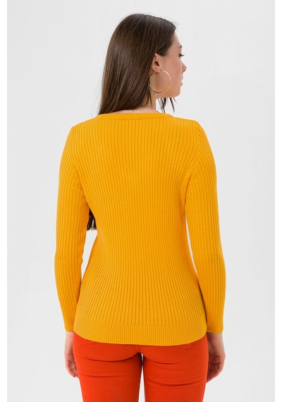 Miss Poem Kadın V Yaka Slim Fit Fitilli Uzun Kışlık Sarı Triko Kazak Sarı