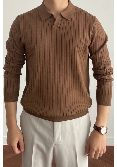 Erkek Kahverengi Slim Fit Uzun Kollu Polo Yaka Triko Kazak Kahverengi