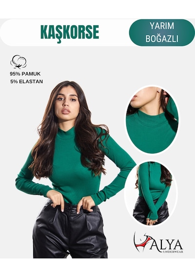Alya Underwear Kaşkorse Yarım Boğaz Body Sweatshirt, Fitilli Kumaş, Likralı, Bordo Çimen Yeşili