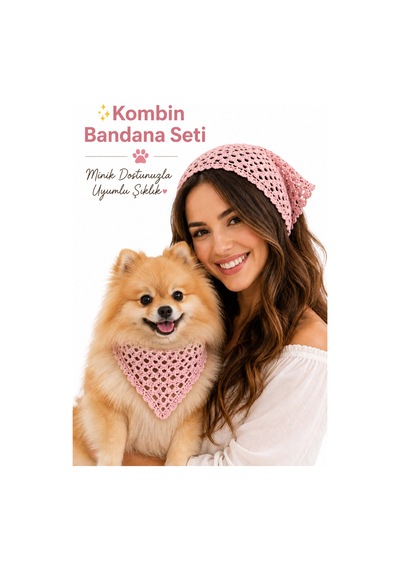 Kadın & Köpek Kombin El Örgüsü Minik Dost Bandana Seti Ayarlanabilir Evcil Hayvan Sahip Kombini Bohem Tasarım Pembe