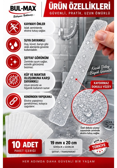 Şeffaf Kaydırmaz Bant 10 Adet 19 Mm X 20 Cm Kendinden Yapışkanlı Suya Dayanıklı Banyo Duş Küvet Band