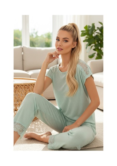 Siyah İnci Soft Touch İnce Mevsimlik Dantel Detaylı Örme Pijama Takım7864 Yeşil