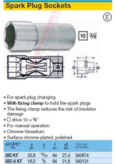 Alman Hazet 3/8" Buji Lokması Sabitleme Kıskaçlı 6 Köşe 20,8 - 13/16 880 Kf-20.8