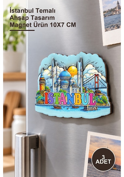 3 Adet Ahşap Magnet İstanbul Temalı Ahşap Tasarım Magnet Ürün 10x7 Cm