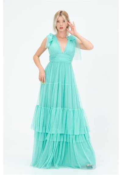 Dip Moda Kadın Kırmızı Korsajlı V Yaka Tül Abiye Elbise Dpnbs9271 Mint