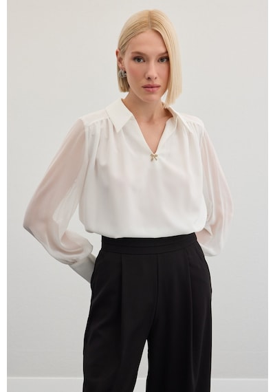 Sateen Aksesuarlı Salaş Bluz - Ekru-136472 Ekru